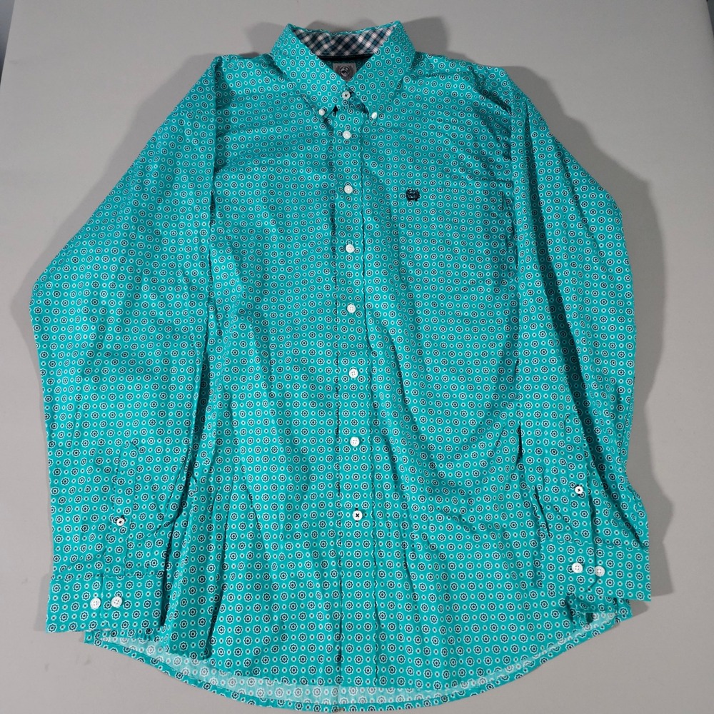 Cinch Button Down Shirt Mens XL Teal Green Geometric Floral Western Long Sleeve